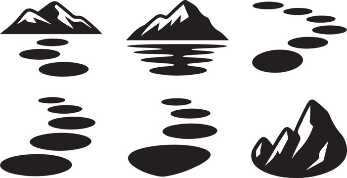 Black mountain and stone path silhouette icons on white background for design