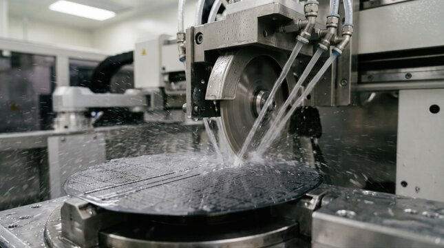 Medium shot of water spray dicing method where cool water jets assist in cutting wafers capturing the interaction of water and blades to reduce heat and minimize damage during