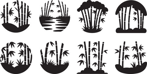 Naklejka premium Black silhouettes of various tropical bamboo forests and palm trees landscape elements