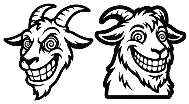 Crazy smiling goat head, retro vintage cartoon animal character black and white vector