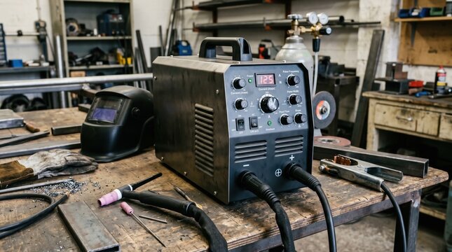 Side angle medium shot of a benchtop TIG welding power source with intuitive current and pulse control knobs designed for precision welding in workshop settings.