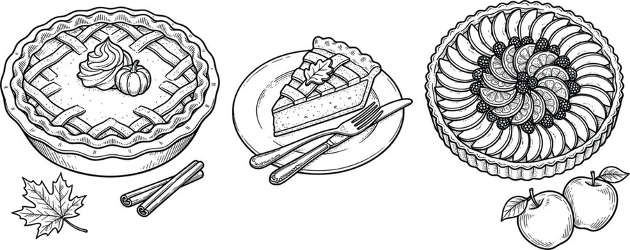 Hand drawn vintage autumn pie set featuring pumpkin and apple tarts with cinnamon sticks and maple leaves in black engraved vector line art style isolated on white background