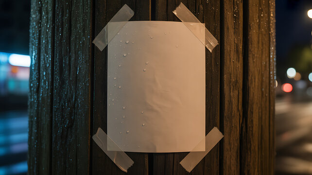 Blank White Paper Flyer Taped on Wet Wooden Pole Night

