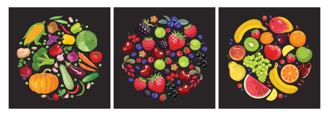 Fresh vegetables, fruit and berry on black background. Collection of round frames. Vector flat cartoon illustration. © Sunnydream