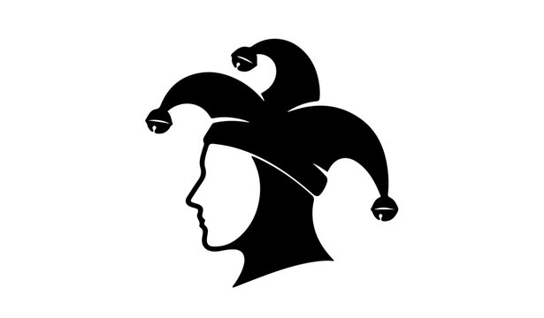 Jester head silhouette wearing a traditional bell hat for carnival and entertainment
