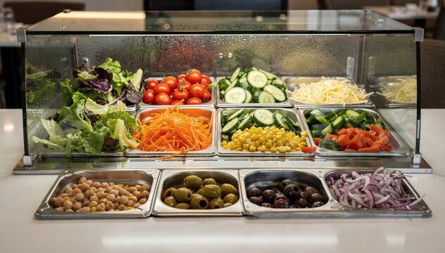 Medium shot of a compact refrigerated salad bar with vibrant prepped toppings in sharp focus against a blurred background.