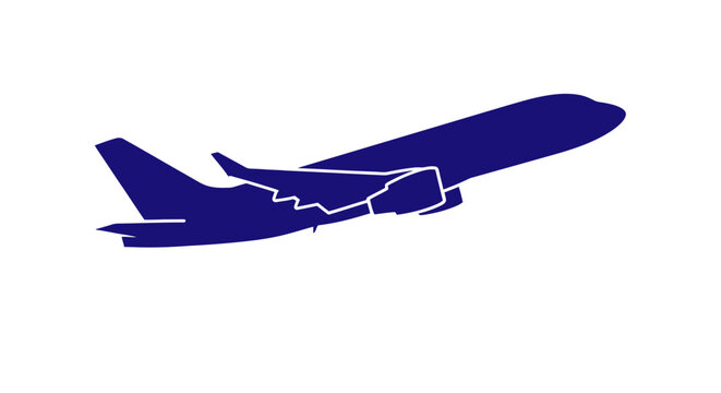 Blue airplane silhouette taking off against a white background.