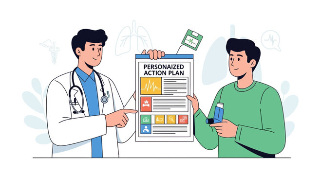 Doctor explains personalized action plan for asthma to patient holding inhaler
