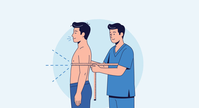 Doctor measures patient's chest circumference for medical check-up or fitness assessment