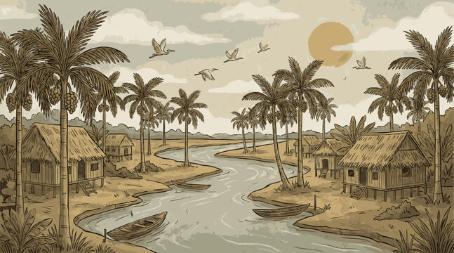 Tropical Riverside Village Landscape
