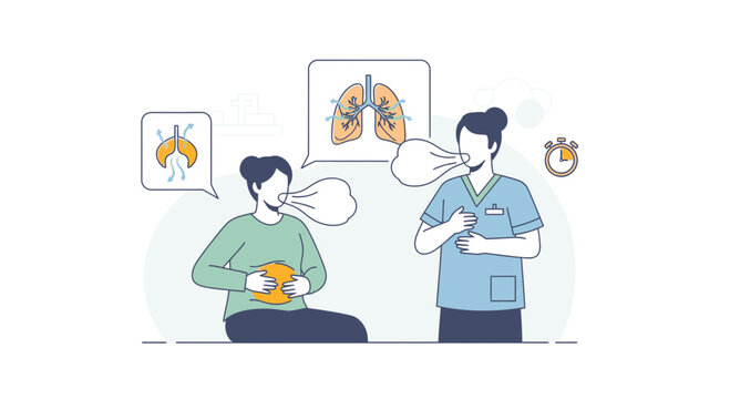 Doctor teaching patient deep breathing exercise for lung health and recovery