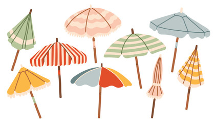 Collection of hand drawn sun umbrellas and beach parasols. Minimalist flat vector illustration of colorful striped and fringed umbrellas for summer vacation design. Isolated on white © spirka.art