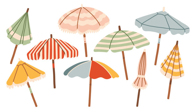 Collection of hand drawn sun umbrellas and beach parasols. Minimalist flat vector illustration of colorful striped and fringed umbrellas for summer vacation design. Isolated on white