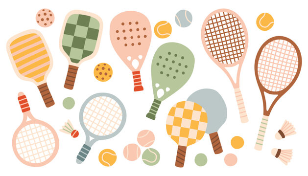 Set of hand drawn tennis rackets, paddle bats, and balls. Minimalist flat vector illustration of sport equipment with shuttlecocks for summer activity doodles. Isolated on white