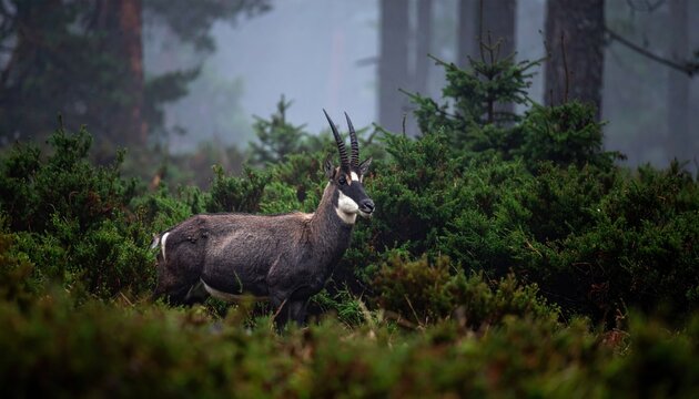 A rare saola with long straight horns and distinct white facial markings stands within a thick foggy forest. This cinematic widescreen wildlife image captures an elusive mammal in nature.