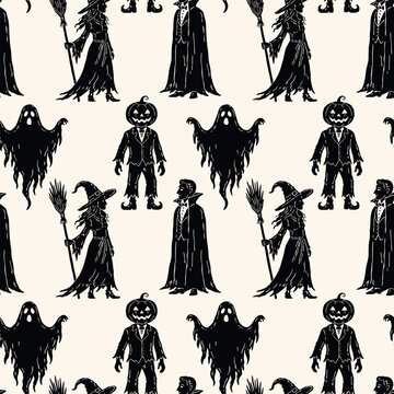Vintage Halloween seamless vector pattern featuring witch, vampire, ghost and pumpkin head characters. Hand-drawn monochrome silhouette style artwork for seasonal themed design