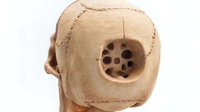Human Skull Anatomy Model Front Side and Back Views on White Background.