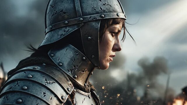 Woman warrior in detailed armor looks forward on battlefield