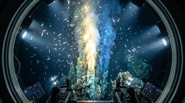 Underwater scene with a large porthole showing a hydrothermal vent surrounded by fish and rocky formations