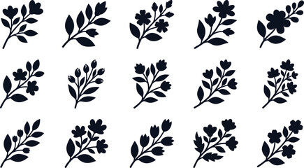 Black floral silhouettes, 12 leafy branch on white background, leaves branches © Graphic Shops