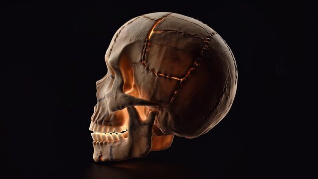 Human Skull with Glowing Internal Light Rotating on Black Background.