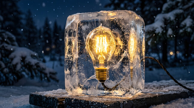 Glowing vintage lightbulb frozen inside a large ice block on a wooden surface at night, snowy winter forest background, innovation concept