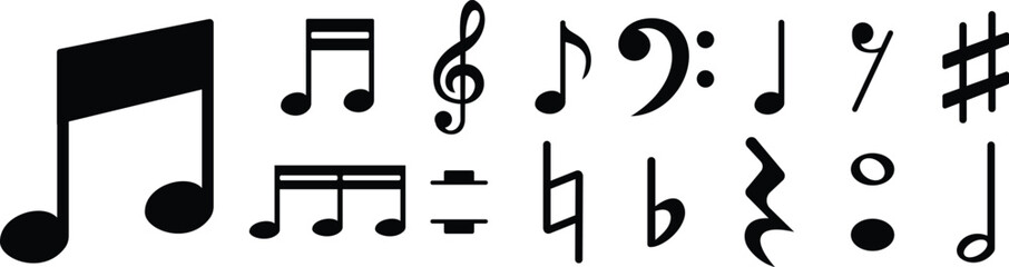 Black flat and line style music notes vector icon set, collection and group of musical notation symbols, clef, sharp, bass and melody illustration pack bundle design isolated transparent background. © Muhammad