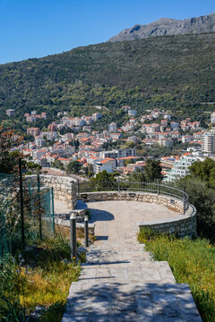 Vertical View of Petrovac Coastal Town Between Mountains and Adriatic Sea