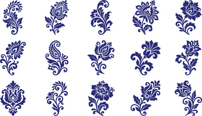 Blue floral patterns, 12 ornate on white background © Graphic Shops