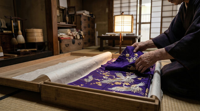 Elderly artisan handling traditional purple kimono fabric with gold and silver crane designs carefully