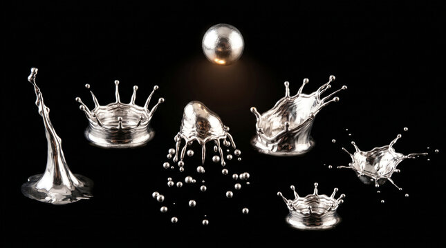 Water droplets splash and crown in various shapes and forms on black background