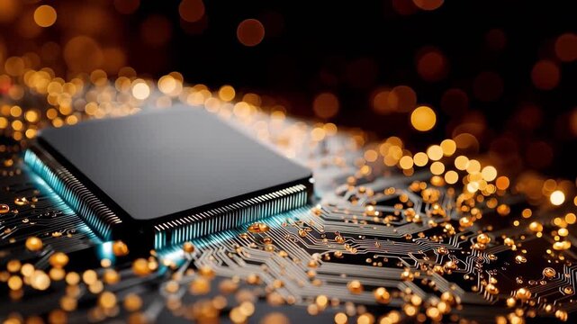 Microchip on electronic motherboard. Central processing unit with glowing blue light. Technology circuit board background for hardware data computing processor concept.