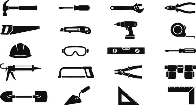 Flat set of black and white tools and safety gear icons