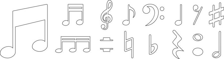 Black flat and line style music notes vector icon set, collection and group of musical notation symbols, clef, sharp, bass and melody illustration pack bundle design isolated transparent background. © Muhammad