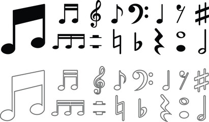 Black flat and line style music notes vector icon set, collection and group of musical notation symbols, clef, sharp, bass and melody illustration pack bundle design isolated transparent background. © Muhammad