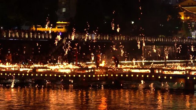 4K Real Shot of Traditional Intangible Cultural Heritage Iron Flower with Splashing Sparkles and Aesthetic Scenery