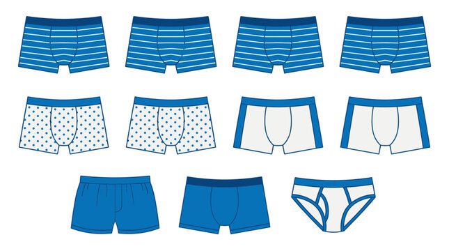 Men Underwear Collection with Boxer Briefs Trunks and Classic Brief Styles in Blue Apparel Vector Illustration Set