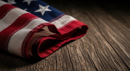 Fototapeta premium Folded American flag resting on a rustic wooden surface with natural lighting