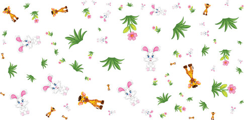 Cartoon animals and plants pattern on white background © Kaylash