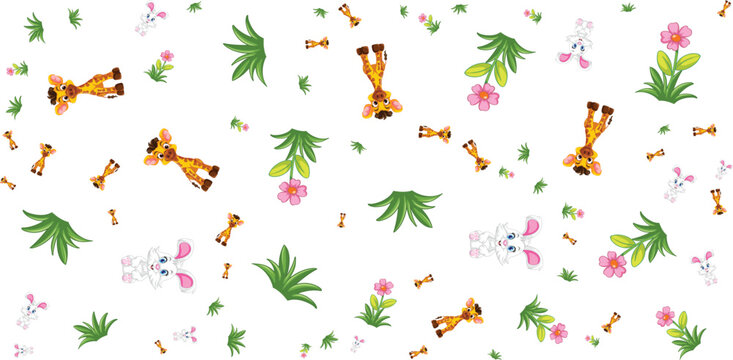 seamless pattern with giraffes rabbits flowers and bones