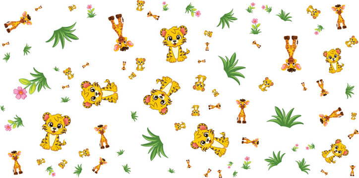 Seamless pattern with cartoon tigers plants and bones on white background