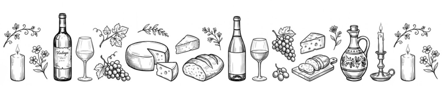 Beautifully detailed ink sketch banner showcasing wine bottles, cheese wheels, crusty bread, fresh grapes, and delicate floral elements on white.