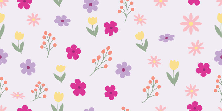 Seamless pattern with cute handdrawn flowers and berries on a light purple background