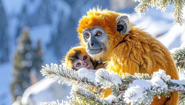 Golden snub nosed monkey with vibrant orange fur and pale blue face huddling on a snowy pine branch with its young infant, cinematic widescreen wildlife photography of endangered primates.