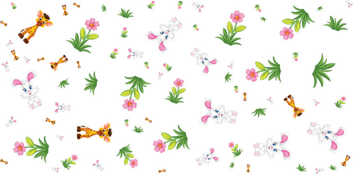 Cartoon animal and floral pattern on white background