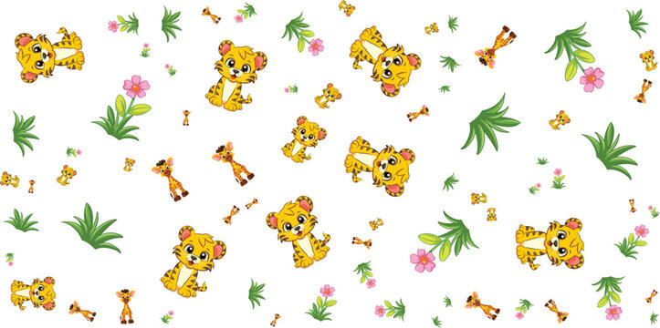 seamless pattern with tiger cubs giraffe flowers and bones