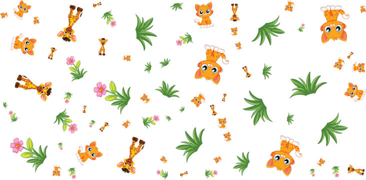 Giraffe and tiger pattern with flowers leaves and bones on white background