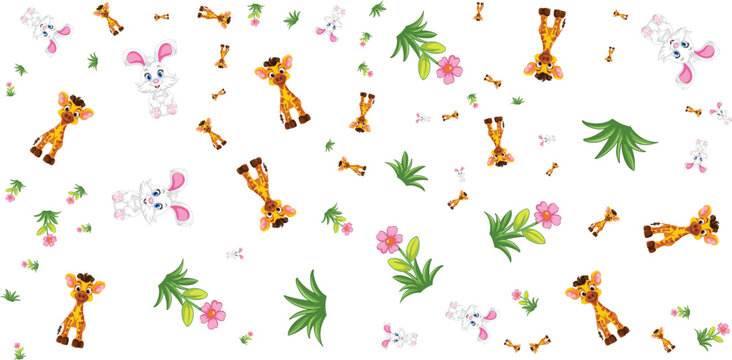 seamless pattern with giraffes rabbits flowers and leaves