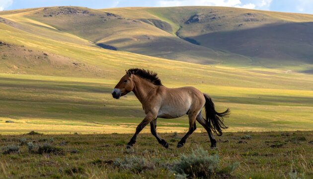 Majestic Przewalski horse with its distinct dun colored coat and dark upright mane galloping across the vast Mongolian steppe under a soft cinematic light during a beautiful summer day.