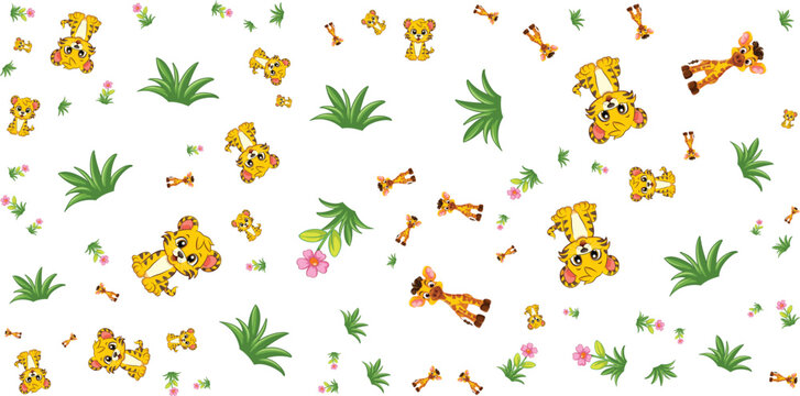 animal pattern with tiger giraffe bones and plants on white background